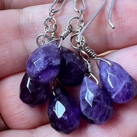VINTAGE STERLING SILVER PURPLE AMETHYST DANGLE DROP EARRINGS 925 STERLING SILVER